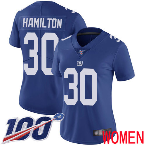 Women New York Giants #30 Antonio Hamilton Royal Blue Team Color Vapor Untouchable Limited Player 100th Season Football NFL Jersey